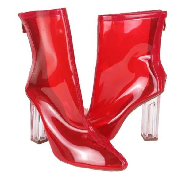 So Me Shoes - Translucent Red Ankle Boots Square Lucite Heels 9